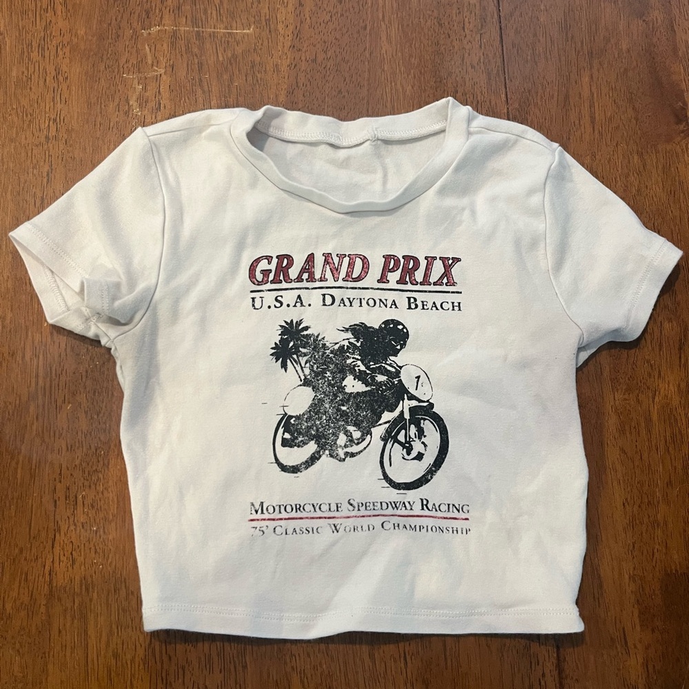 White Short Sleeve Tee with Vintage Motorcycle Graphic